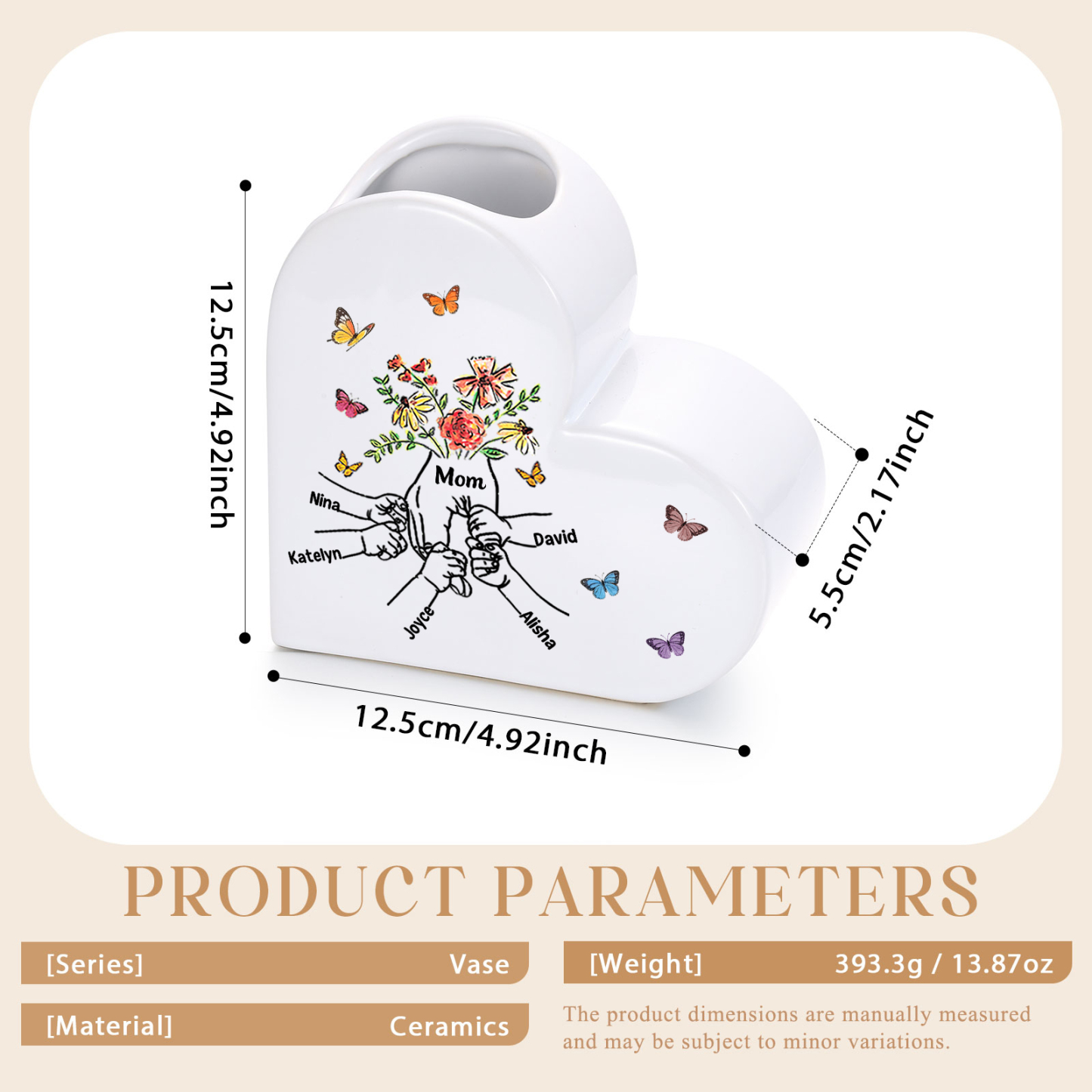 Personalized Ceramic Heart Vase Holding Hand Custom With 2–8 Names Gift For Mom Or Grandma