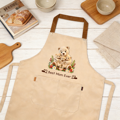 Personalized apron with pocket, customized with 1 to 10 names and a teddy bear design—Mother’s Day and birthday gift for Mom and Grandma | Jessemade