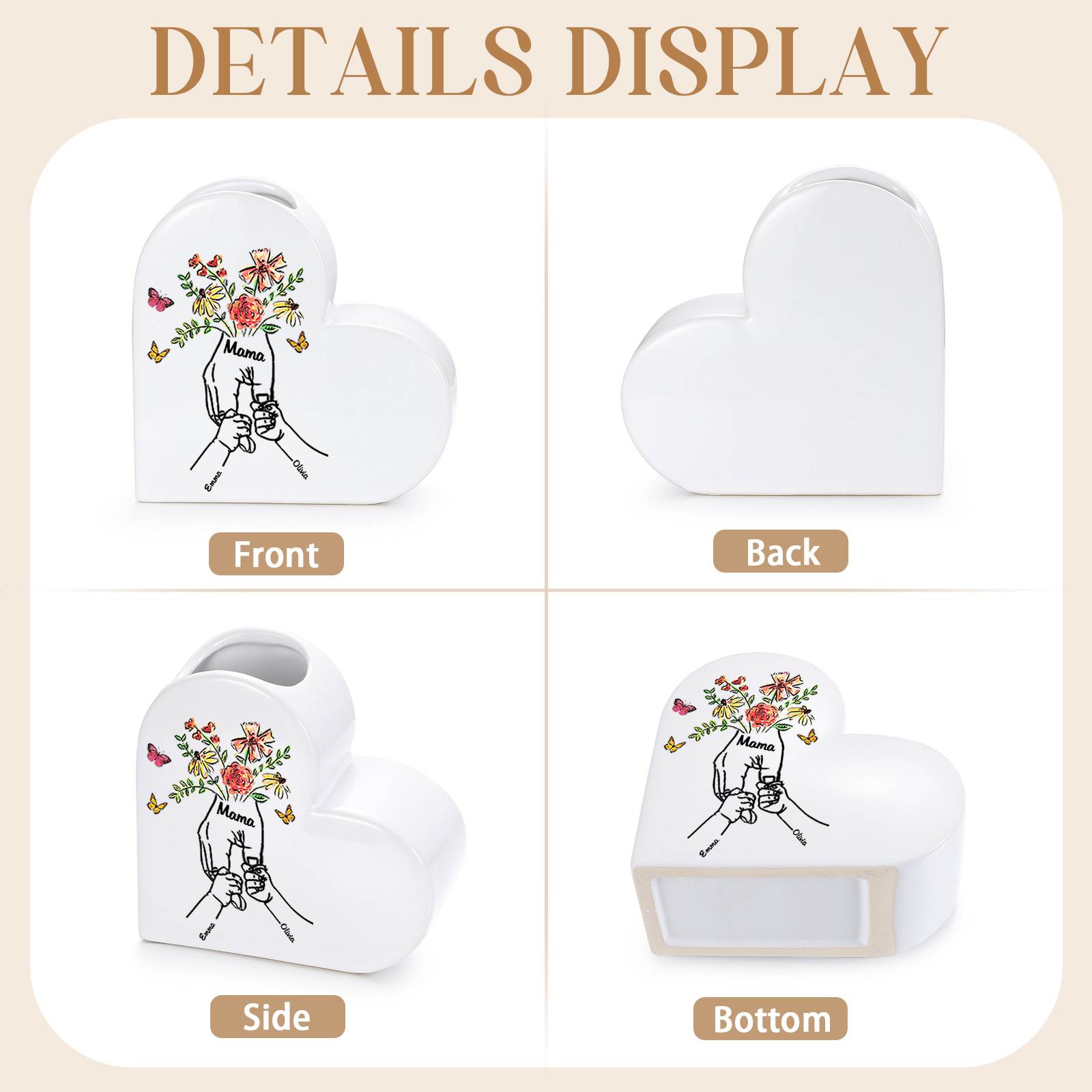 Personalized ceramic heart vase custom with text and 2–8 children’s names