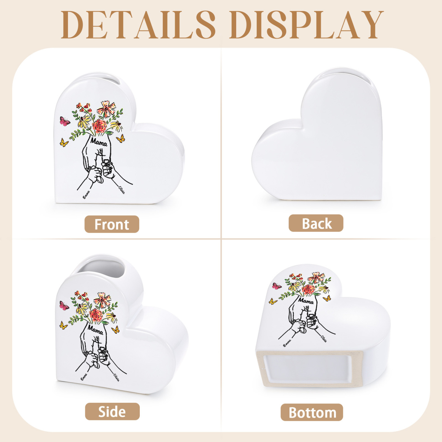 Personalized ceramic heart vase custom with text and 2–8 children’s names