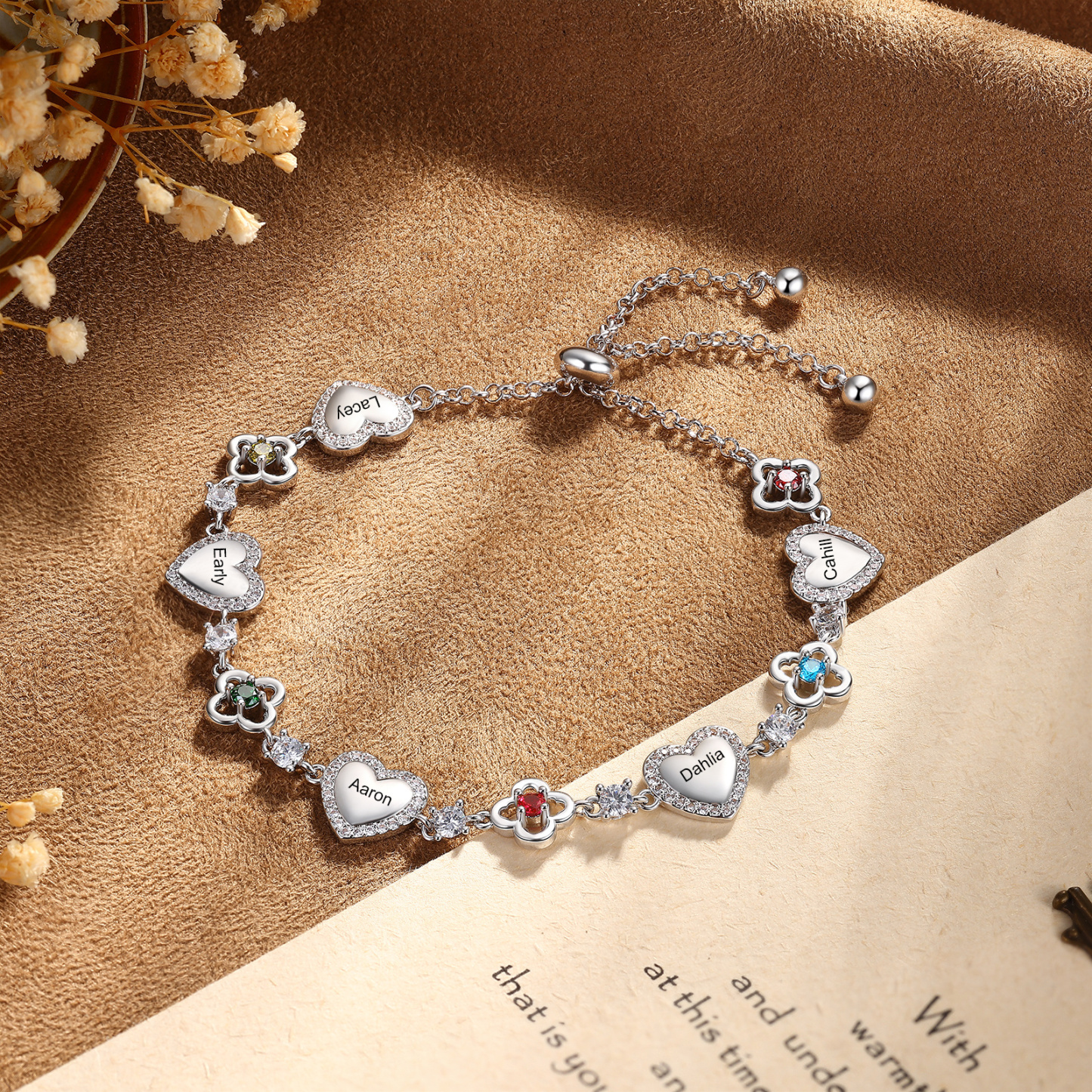 Personalized Birthstone Bracelet with Heart and Flowers Customized with 2–5 Names and Stones