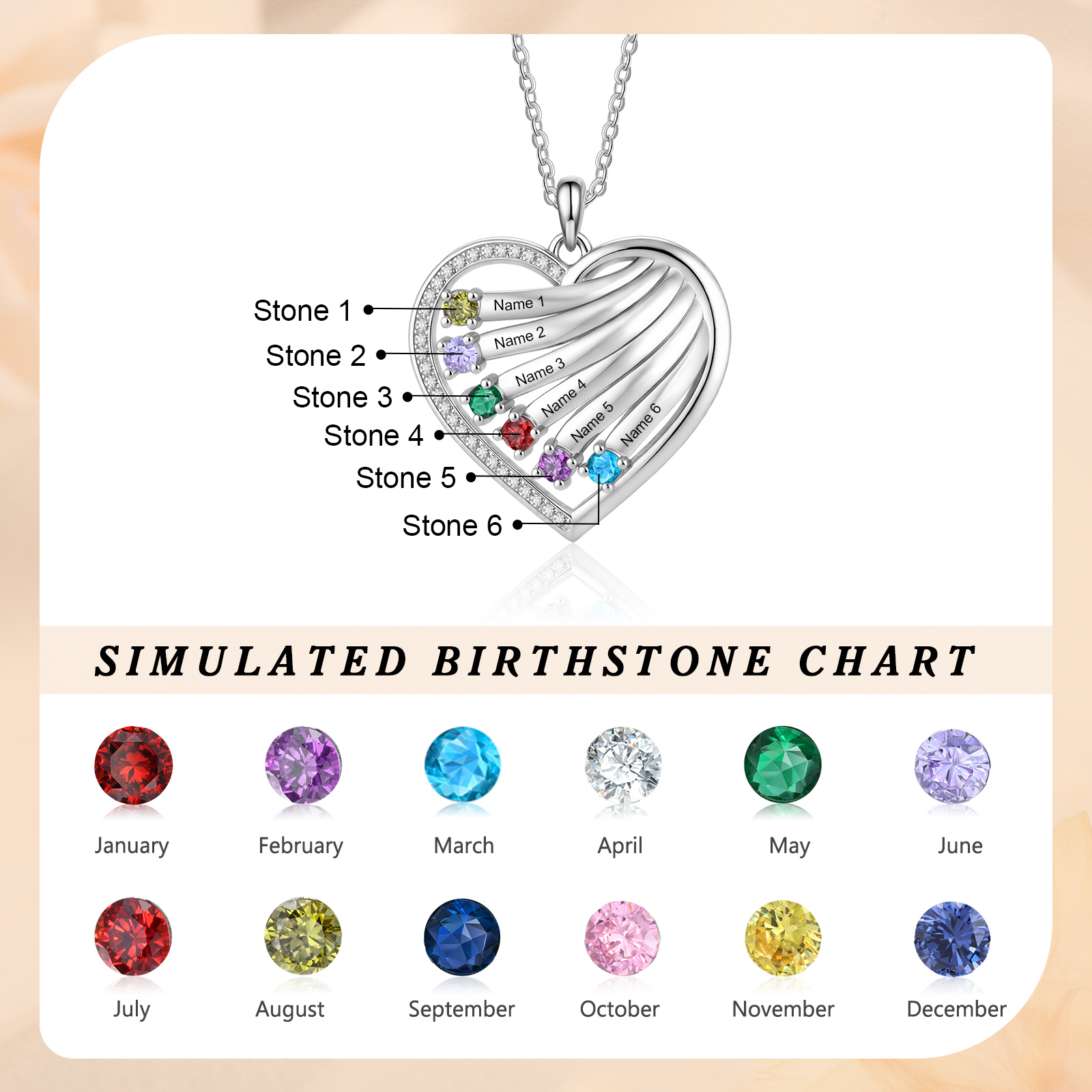 Personalized Heart Name Necklace Custom With Birthstones Engraved 4–6 Children’s Names