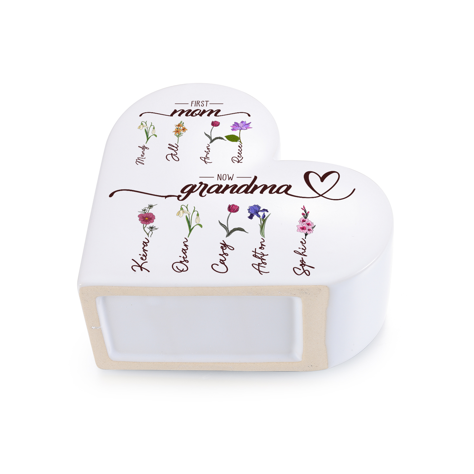 Personalized Heart-Shaped Ceramic Vase First Mom, Now Grandma Custom with 2–10 Birth Flowers and Names