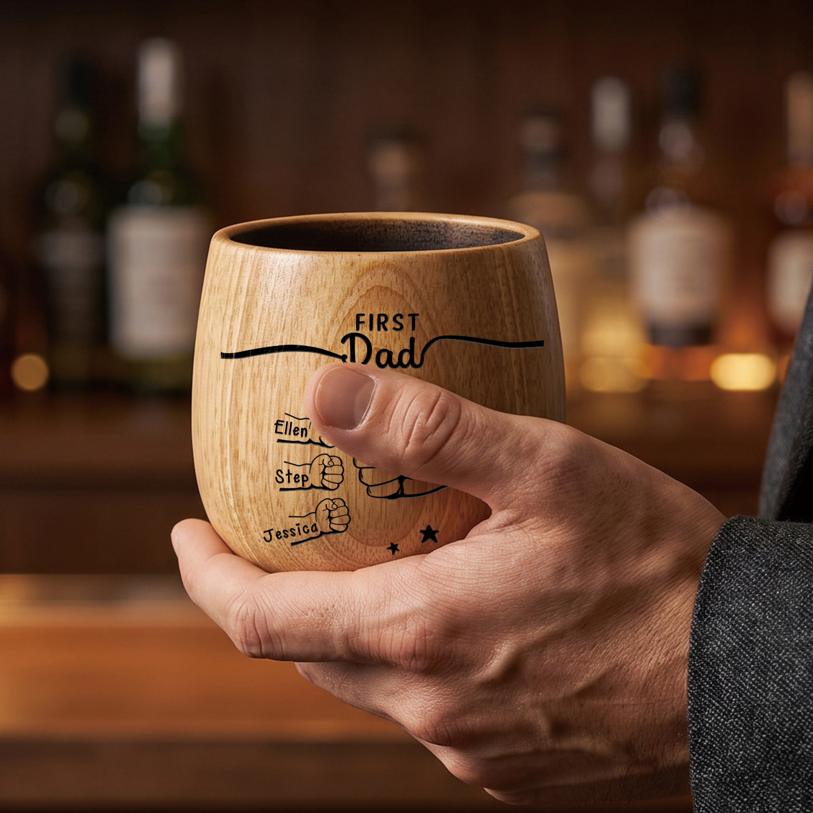 Personalized Wooden Whiskey Cup for Dad Grandpa Customized with 2-12 Names and Fist Bumps